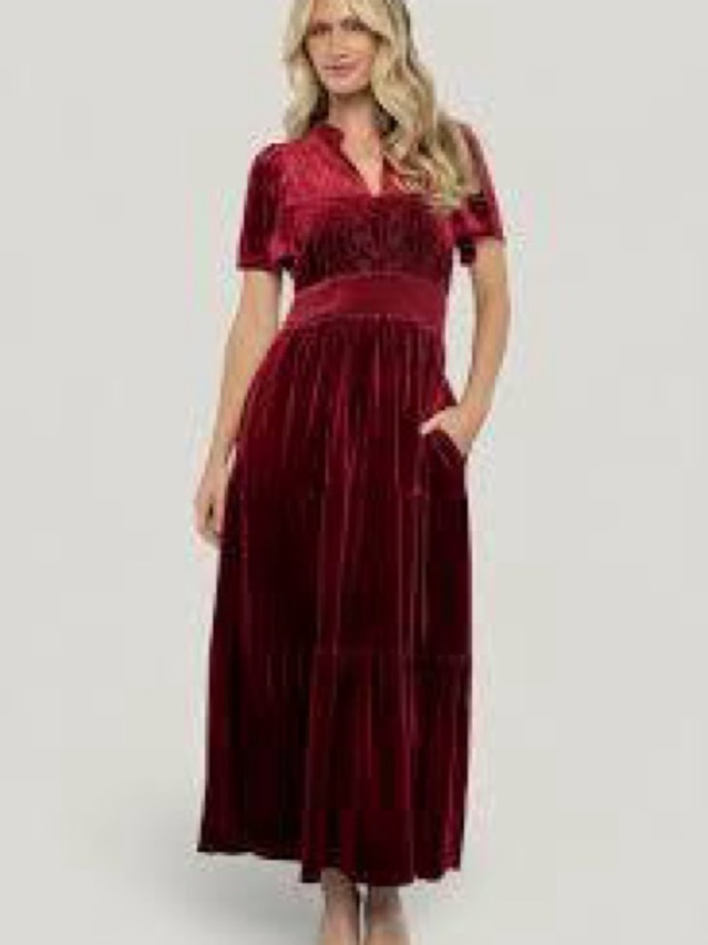 Baltic Born Maida Embroidered Velvet Dress in Cranberry